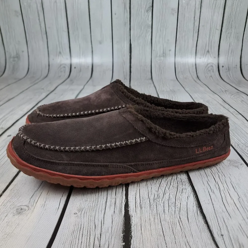LL Bean Slippers Mens 14 Brown Suede Mountain Sherpa Lined Shoes